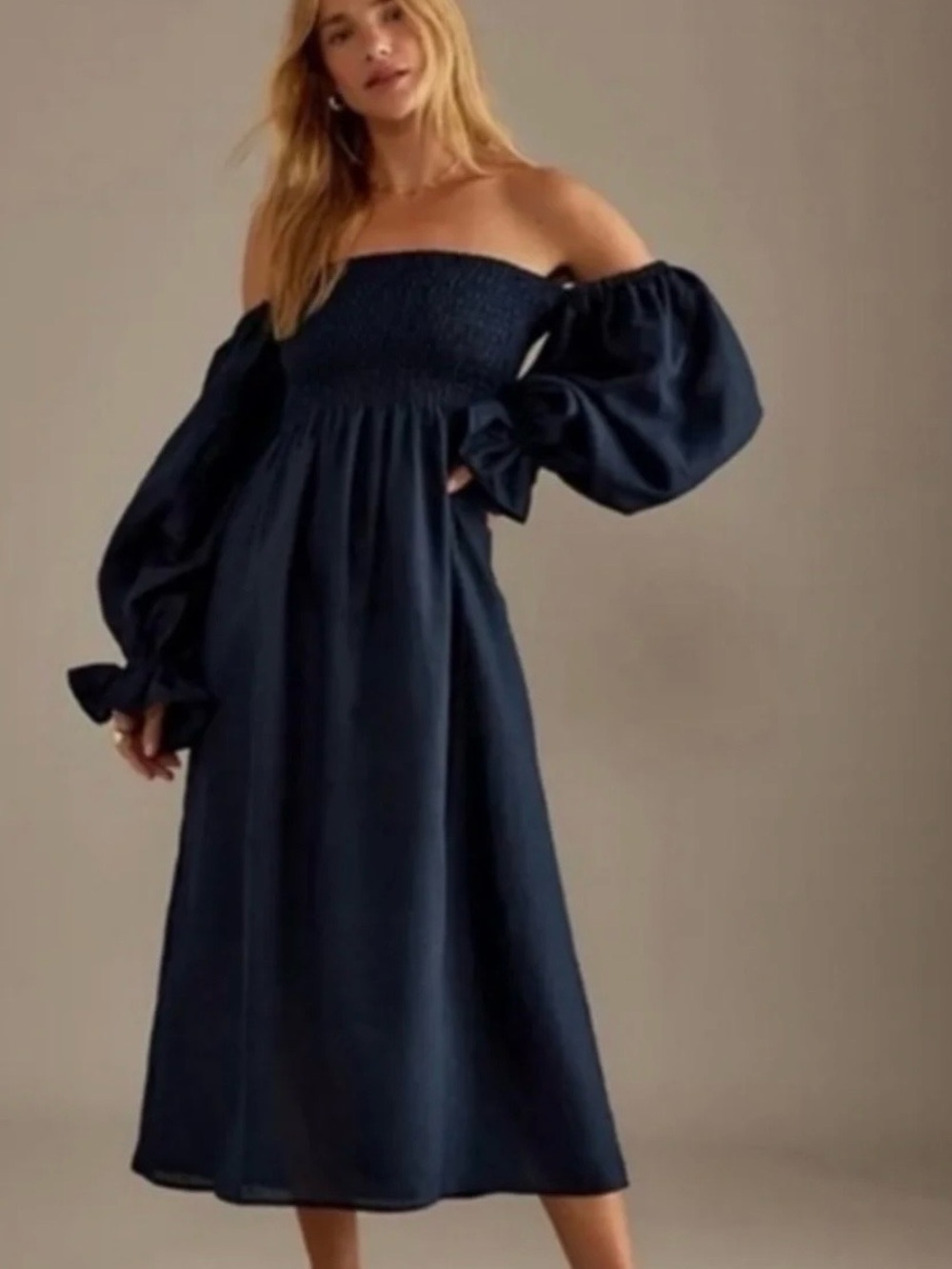 Sleeper Atlanta Linen Dress Navy Off Shoulder Puff Sleeve Large NWOT